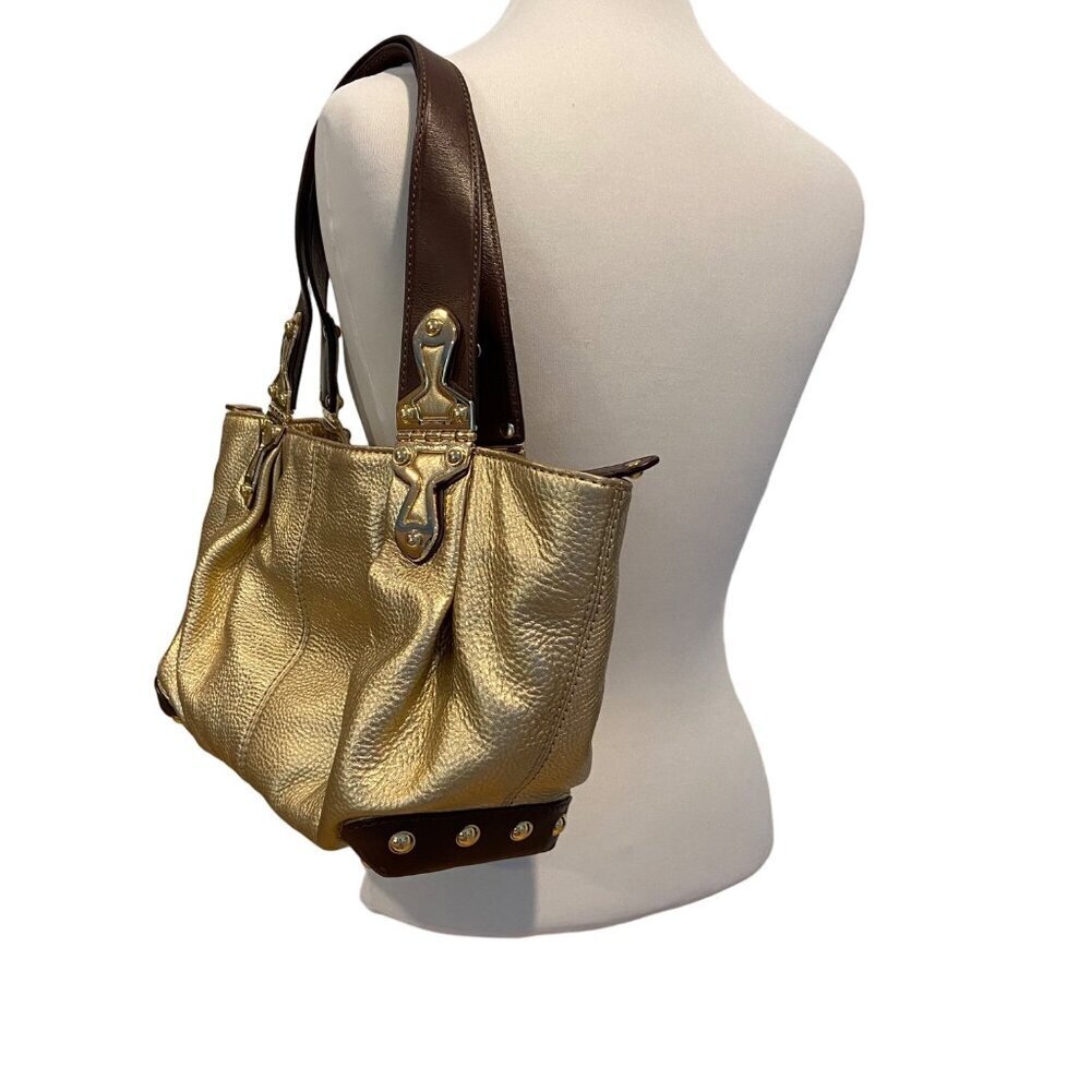 Stunning Michael Kors Gold Metallic Leather Satchel Brown Straps & Gold Hardware